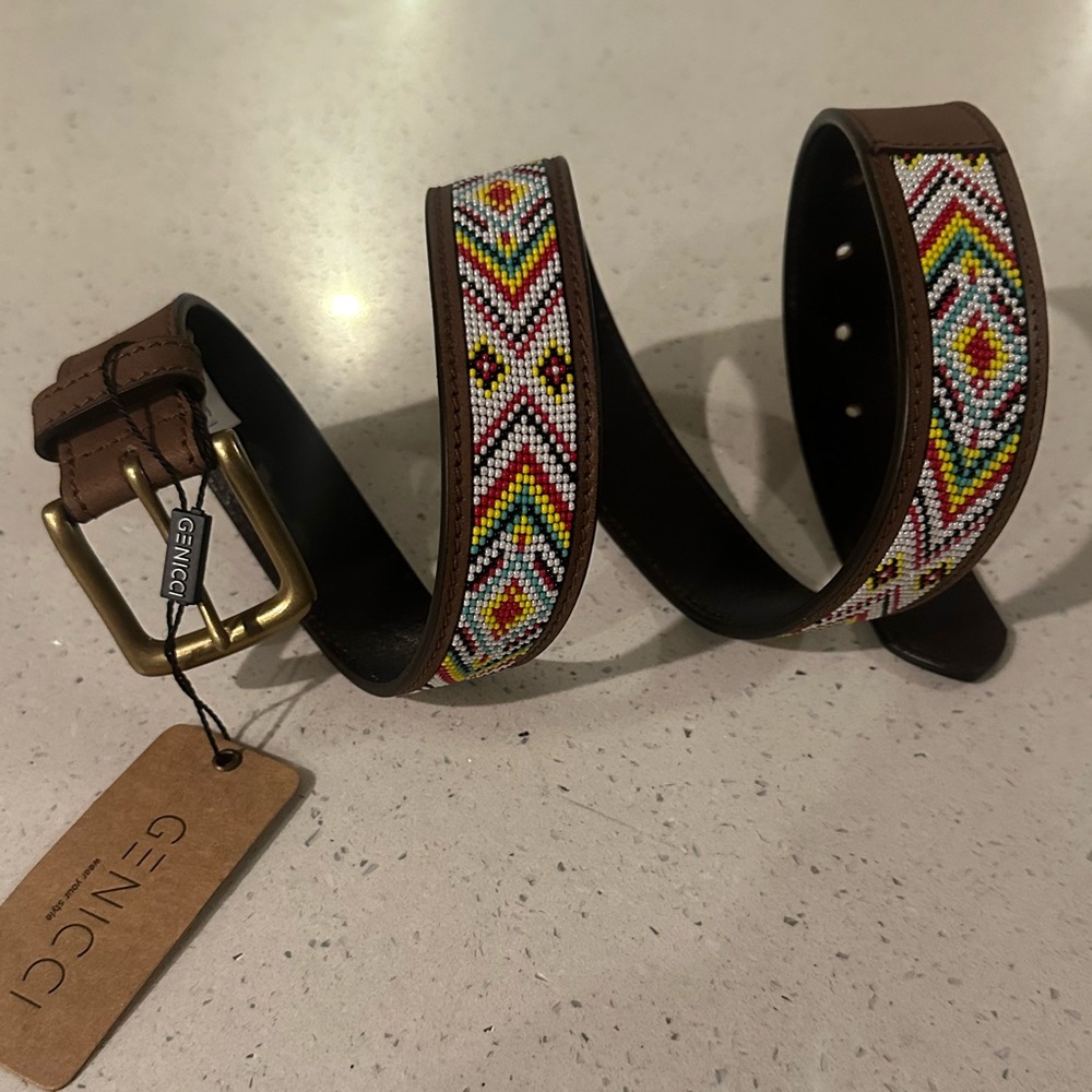 NEW W/ Tags Buffalo Leather Multicolor boho/aztec bead belt by GENICCI